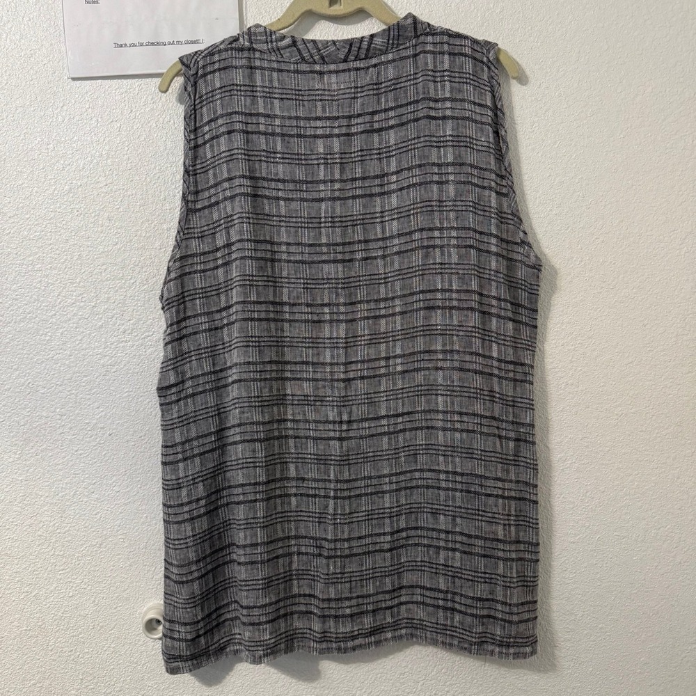FLAX Linen Tunic Top Womens L Plaid Sleeveless V Neck Lagenlook Coastal Grunge‎ - Picture 3 of 5